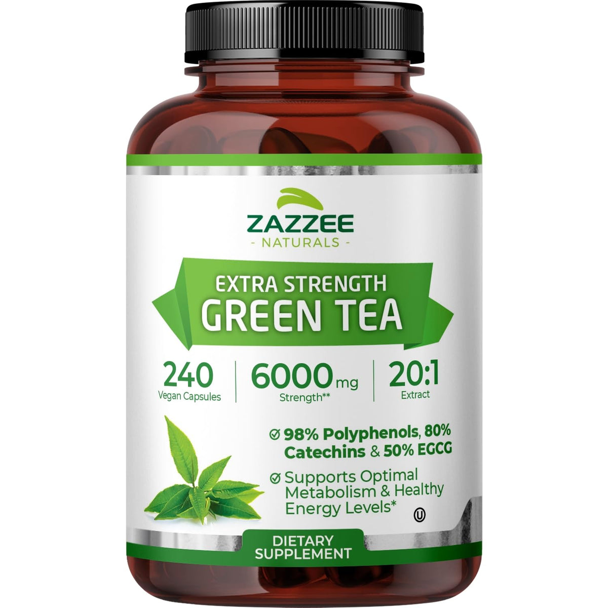 Zazzee Extrait de Thé Vert 240 capsules vue de face