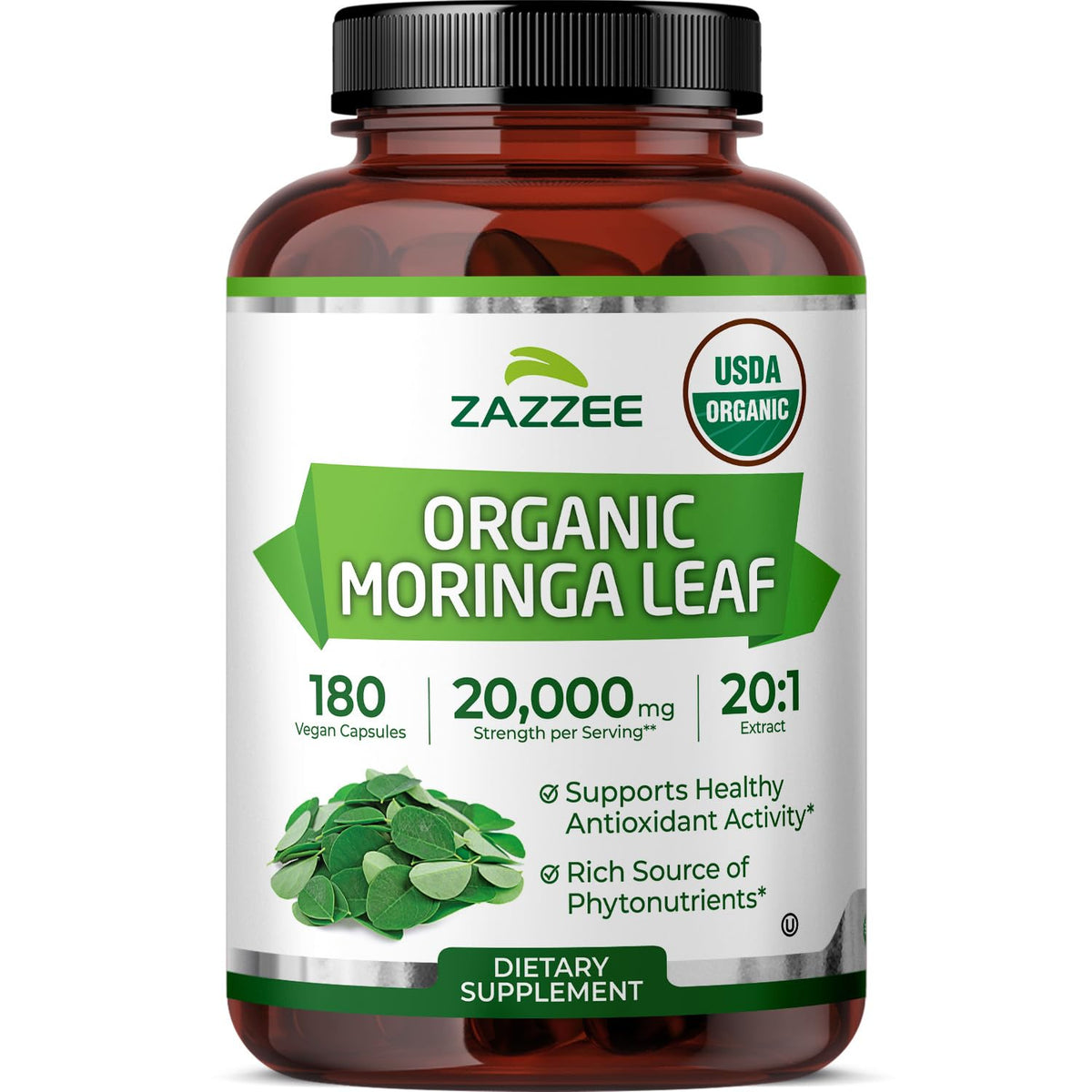 Zazzee Moringa Bio 180 gélules végétales devant l'emballage