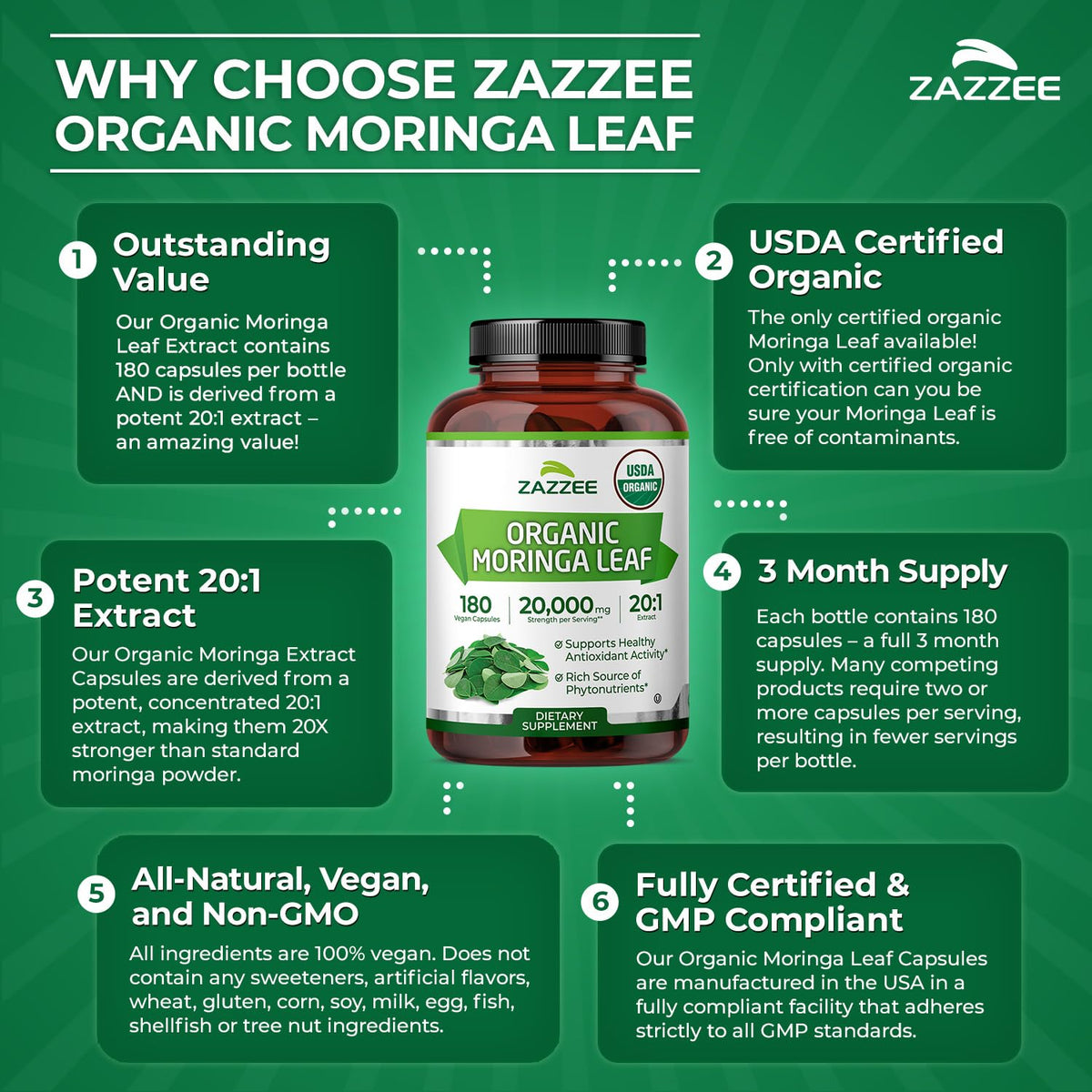 Zazzee Moringa Bio 20:1 extrait gélules avec ingrédients