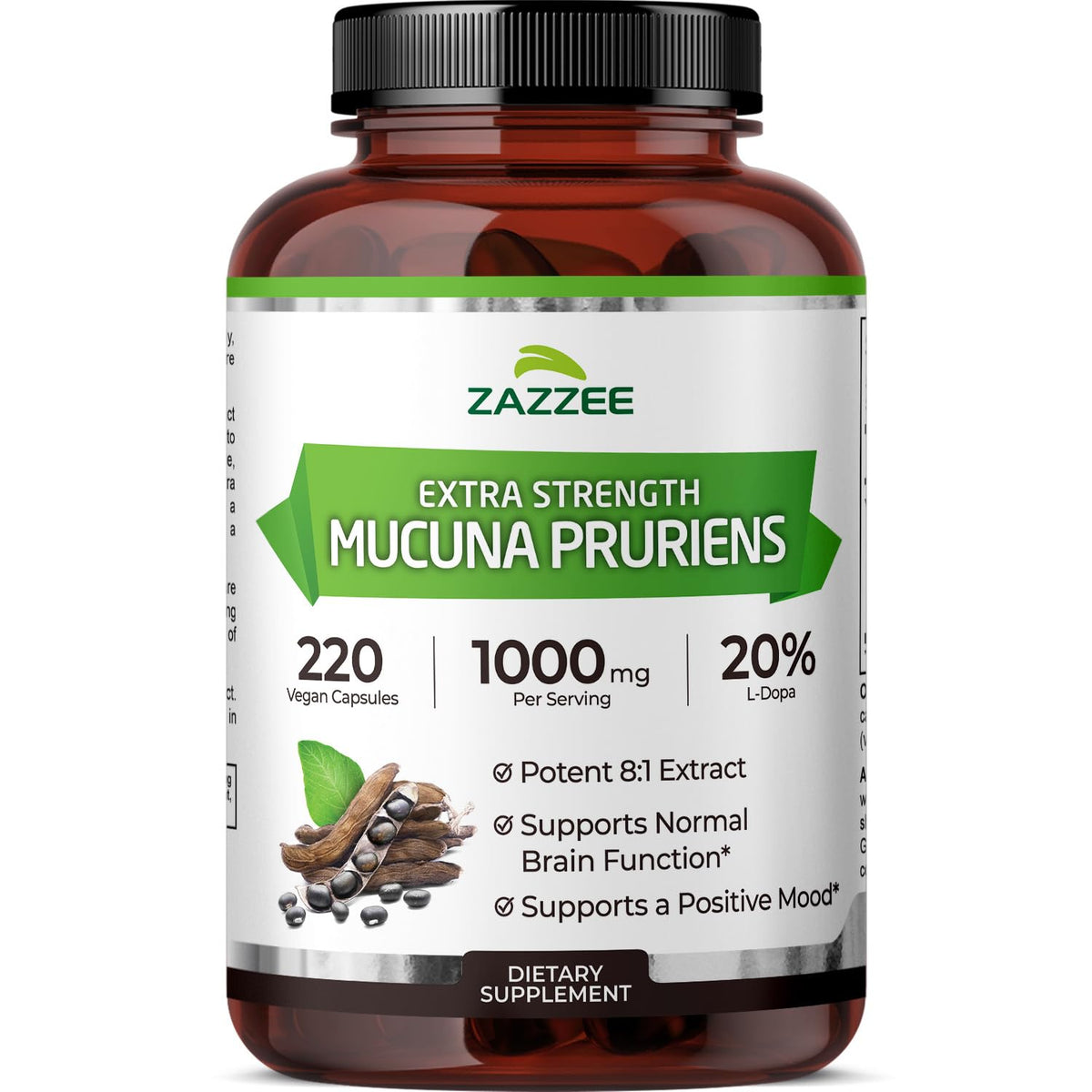 Zazzee Mucuna Pruriens Extra Fort 220 capsules vue avant