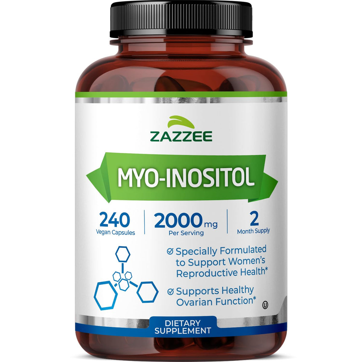 Zazzee Myo-Inositol 2000 mg 240 capsules végétales, vue de face