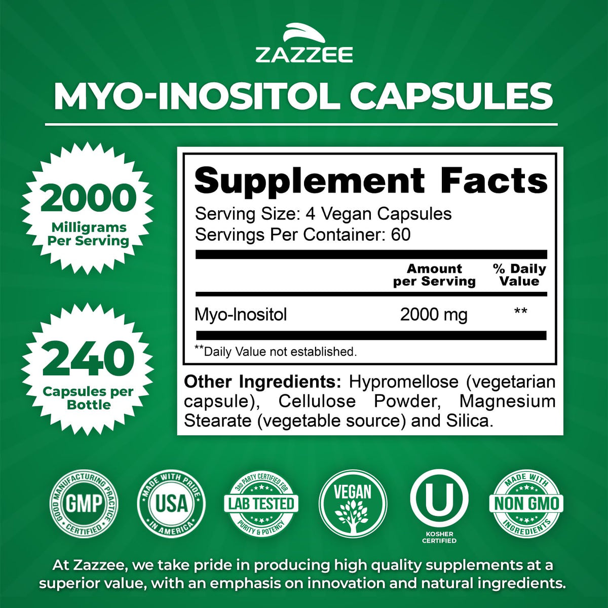 Zazzee Myo-Inositol flacon de 240 capsules, étiquette visible