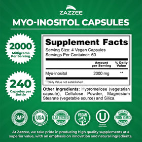 Zazzee Myo-Inositol flacon de 240 capsules, étiquette visible