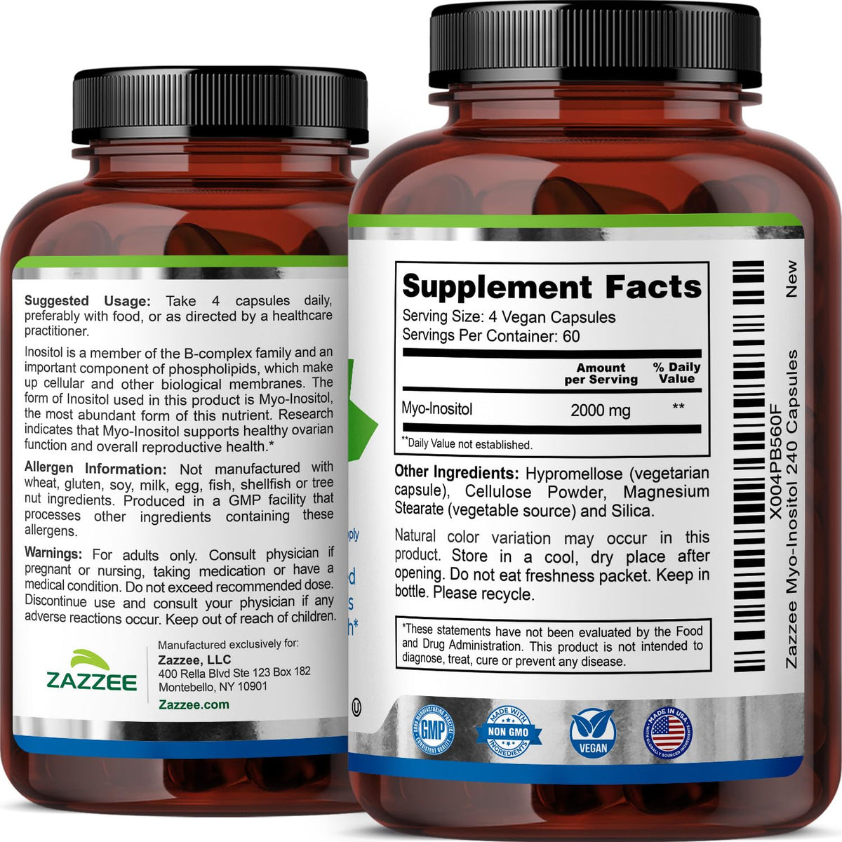 Zazzee Myo-Inositol flacon sur une surface en bois