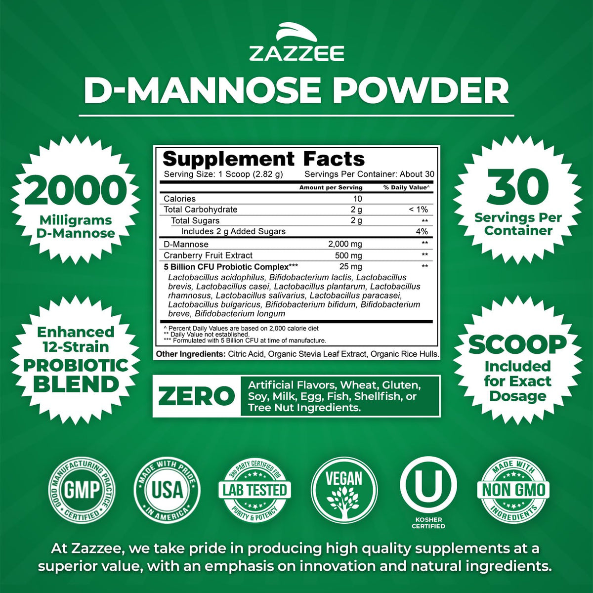 Zazzee Poudre de D-Mannose Plus étiquette avec ingrédients