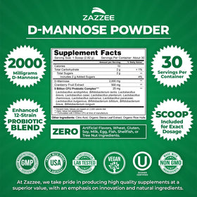 Zazzee Poudre de D-Mannose Plus étiquette avec ingrédients