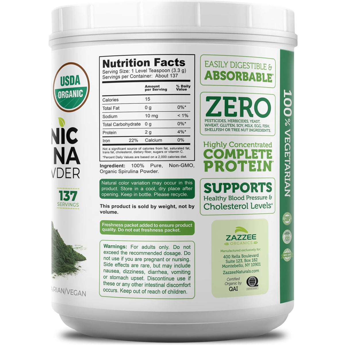 Zazzee Poudre de Spiruline Bio 16 oz avec cuillère doseuse