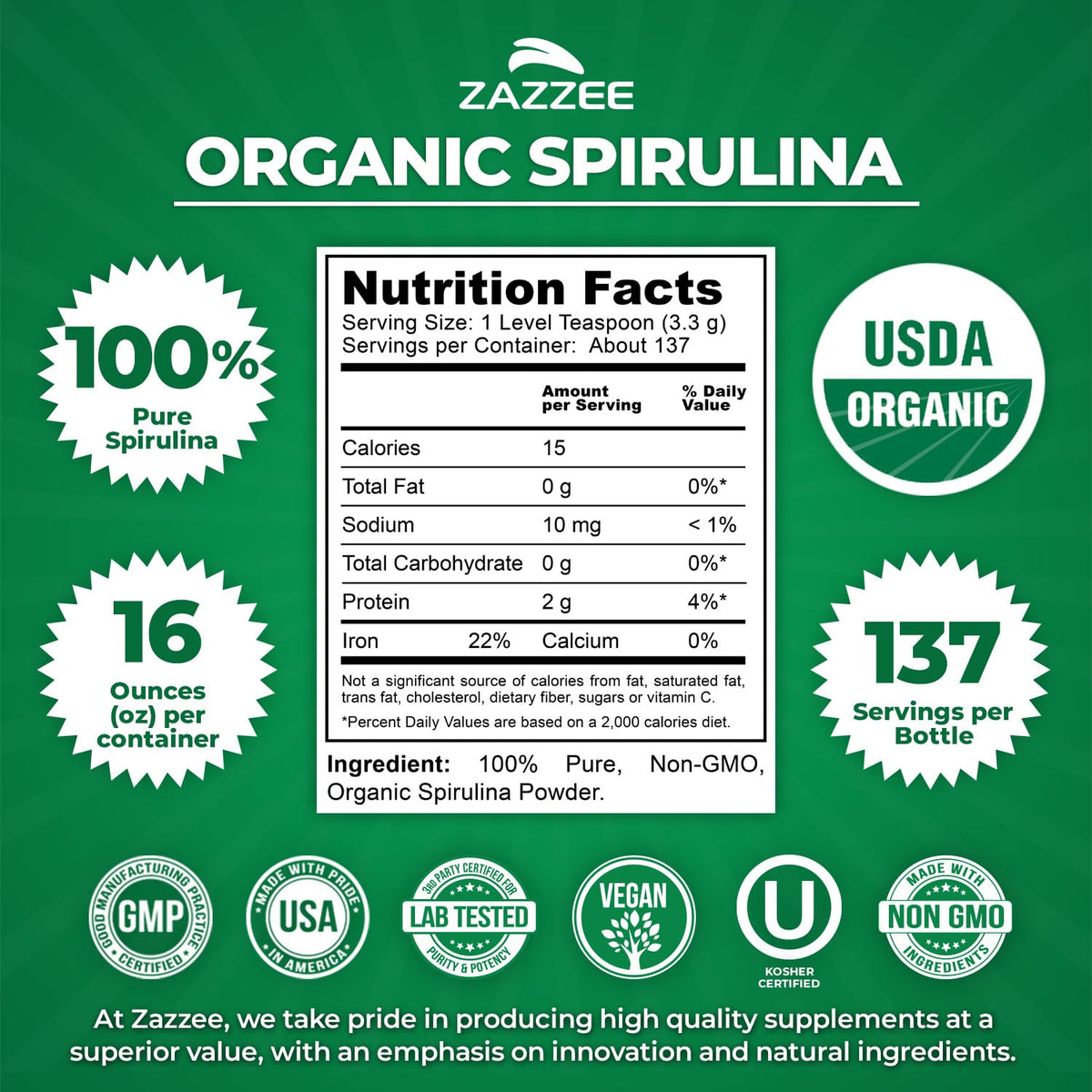 Zazzee Poudre de Spiruline Bio 16 oz contenant ouvert