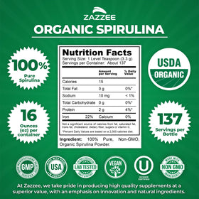 Zazzee Poudre de Spiruline Bio 16 oz contenant ouvert
