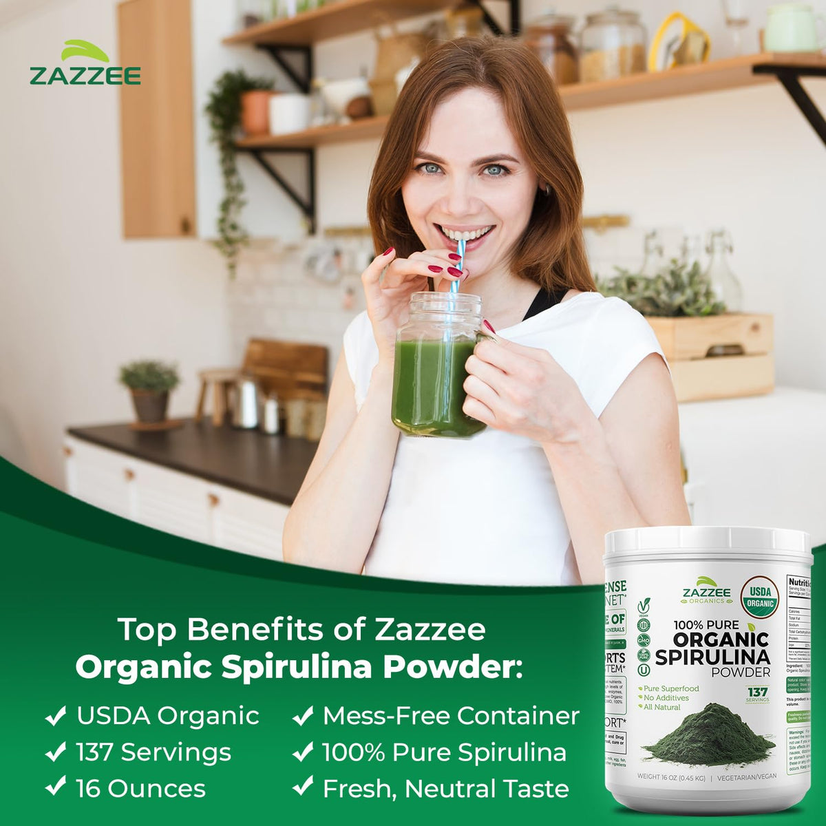 Zazzee Poudre de Spiruline Bio 16 oz étiquette