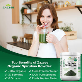 Zazzee Poudre de Spiruline Bio 16 oz étiquette