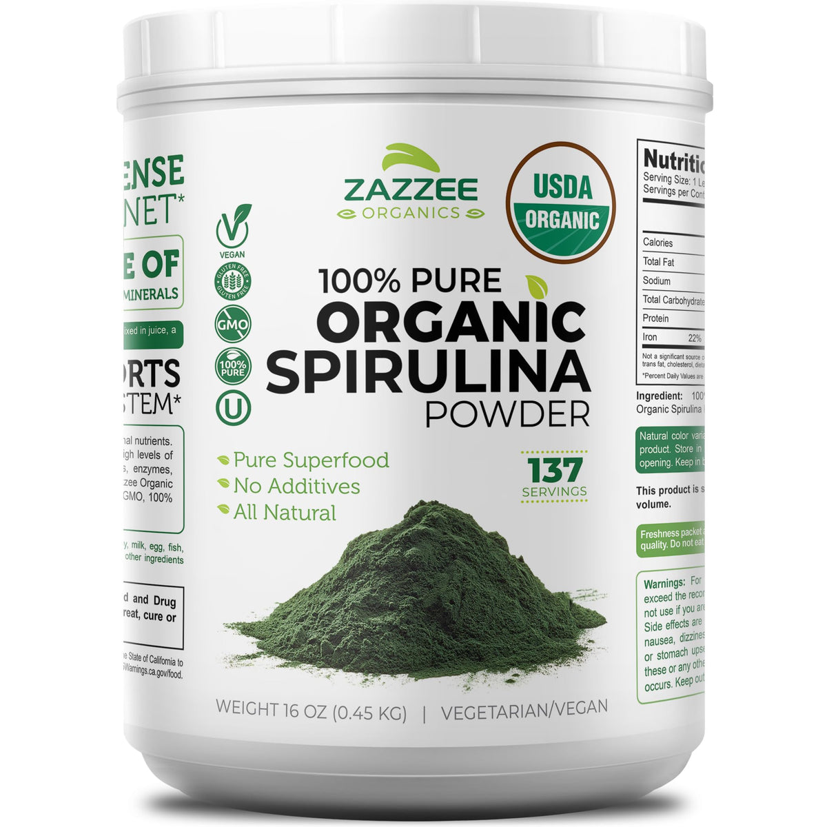 Zazzee Poudre de Spiruline Bio 16 oz vue de face