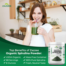 Zazzee Poudre de Spiruline Bio 290g avec une cuillère pour portion