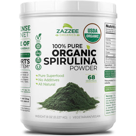 Zazzee Poudre de Spiruline Bio 290g contenant ouvert avec poudre visible
