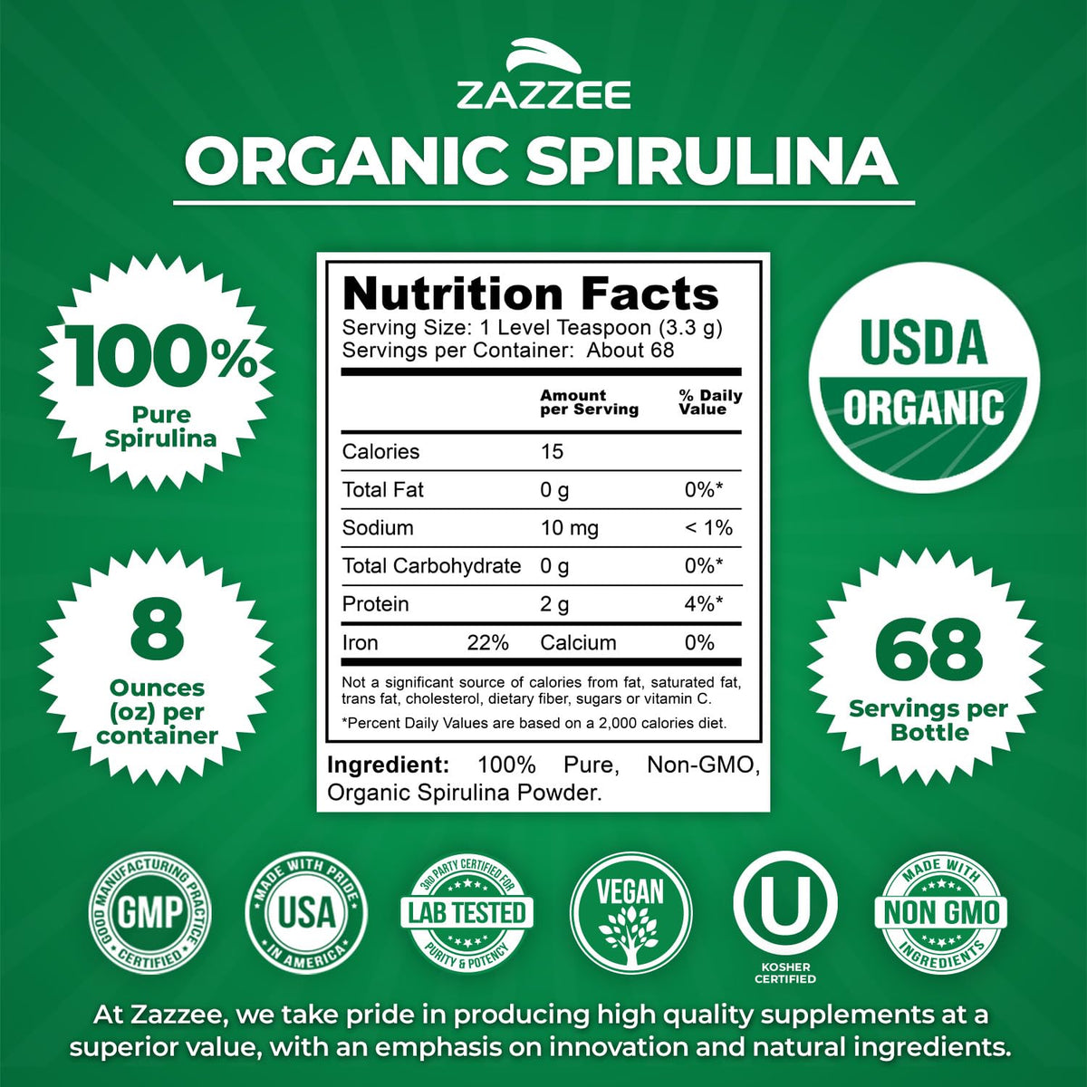 Zazzee Poudre de Spiruline Bio 290g côté avec étiquette