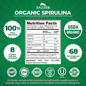 Zazzee Poudre de Spiruline Bio 290g côté avec étiquette