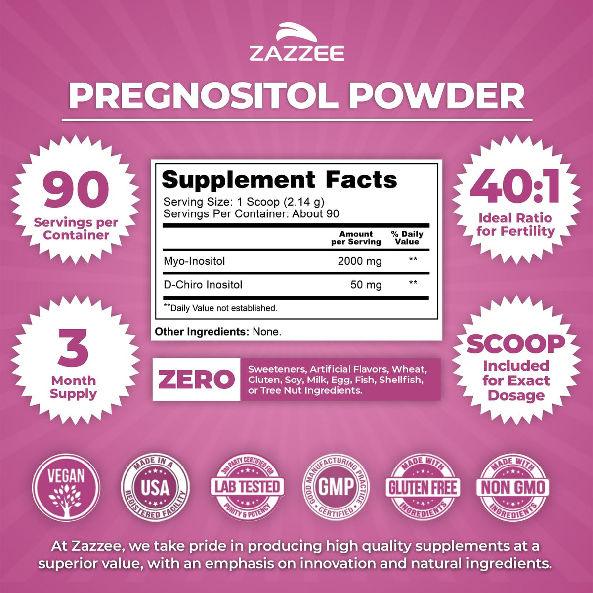 Zazzee PREGNOSITOL Poudre vue de côté avec informations nutritionnelles
