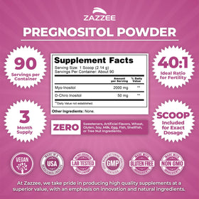 Zazzee PREGNOSITOL Poudre vue de côté avec informations nutritionnelles