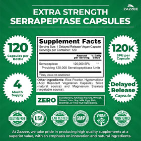 Zazzee Serrapeptase 120 capsules sur une surface blanche