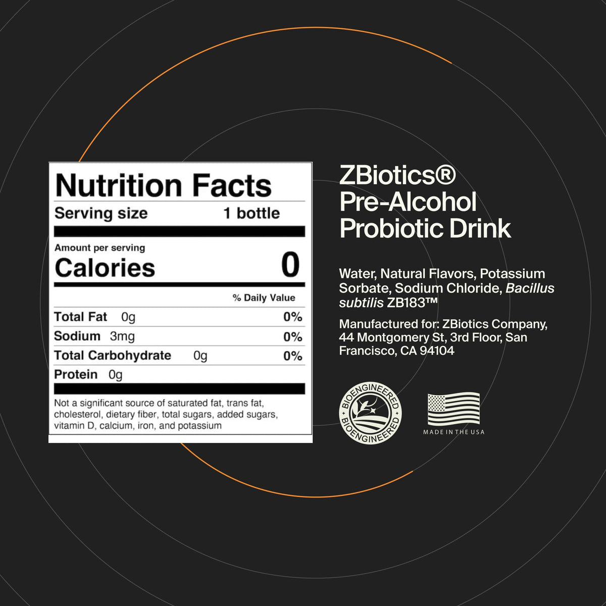 ZBiotics Probiotique Pré-Alcool, vue de côté montrant le bouchon