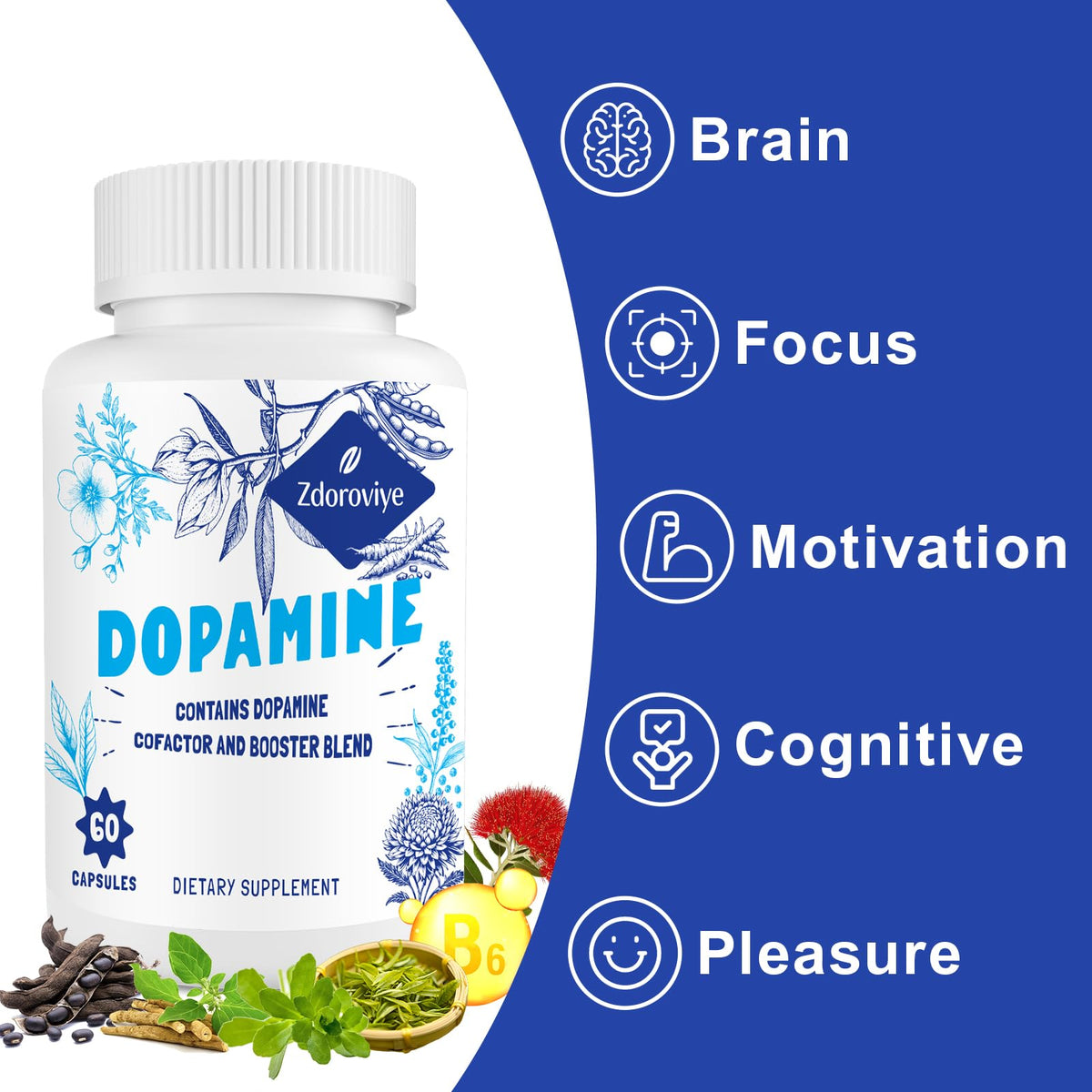 Zdoroviye Compléments Alimentaires Dopamine 500mg 60 Capsules avec flacon ouvert