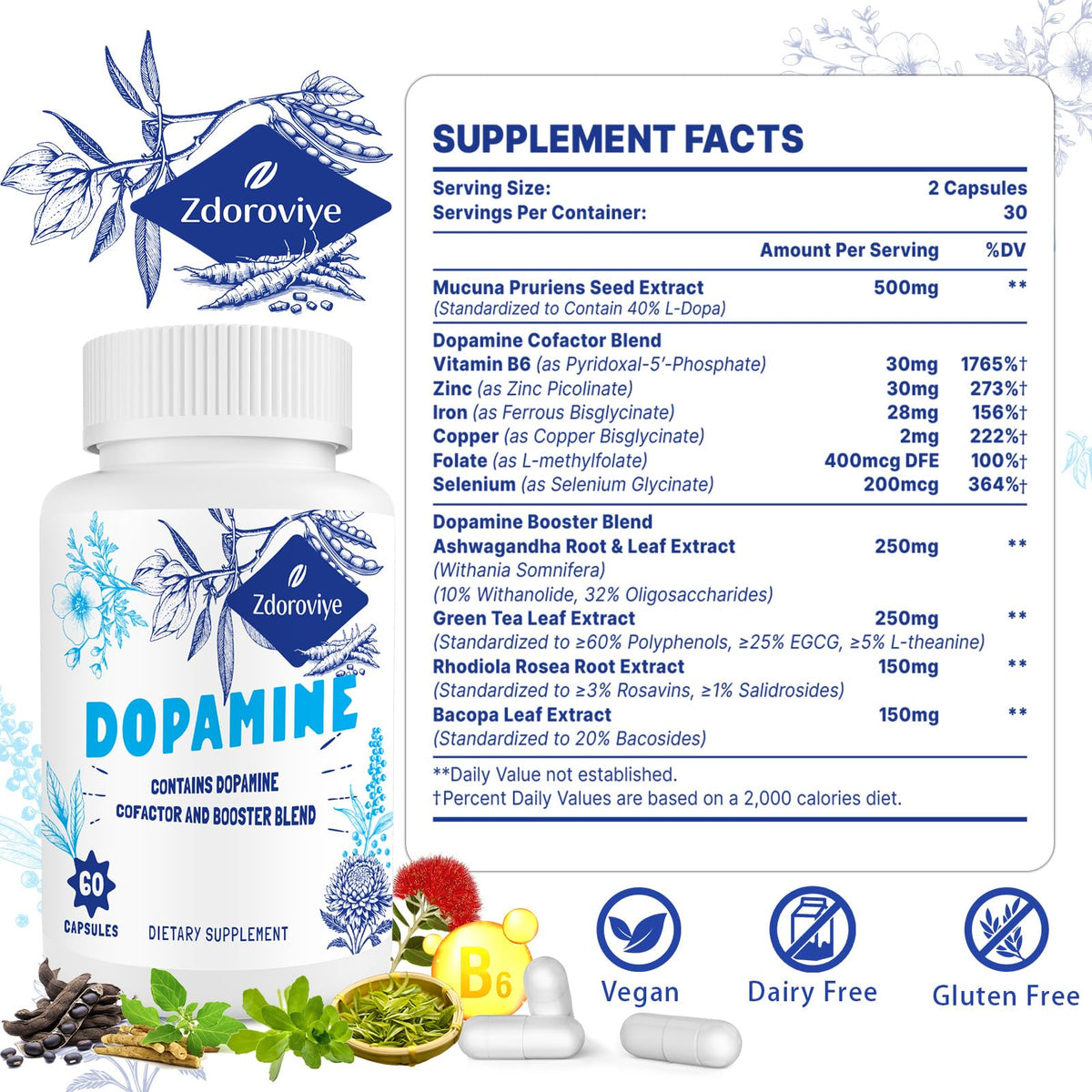 Zdoroviye Compléments alimentaires Dopamine 60 capsules emballage