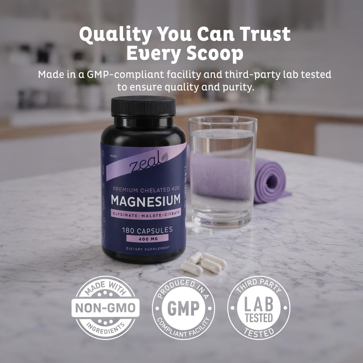 Zeal Naturals Complément Alimentaire Magnésium Complexe 400 mg - capsules sur une surface