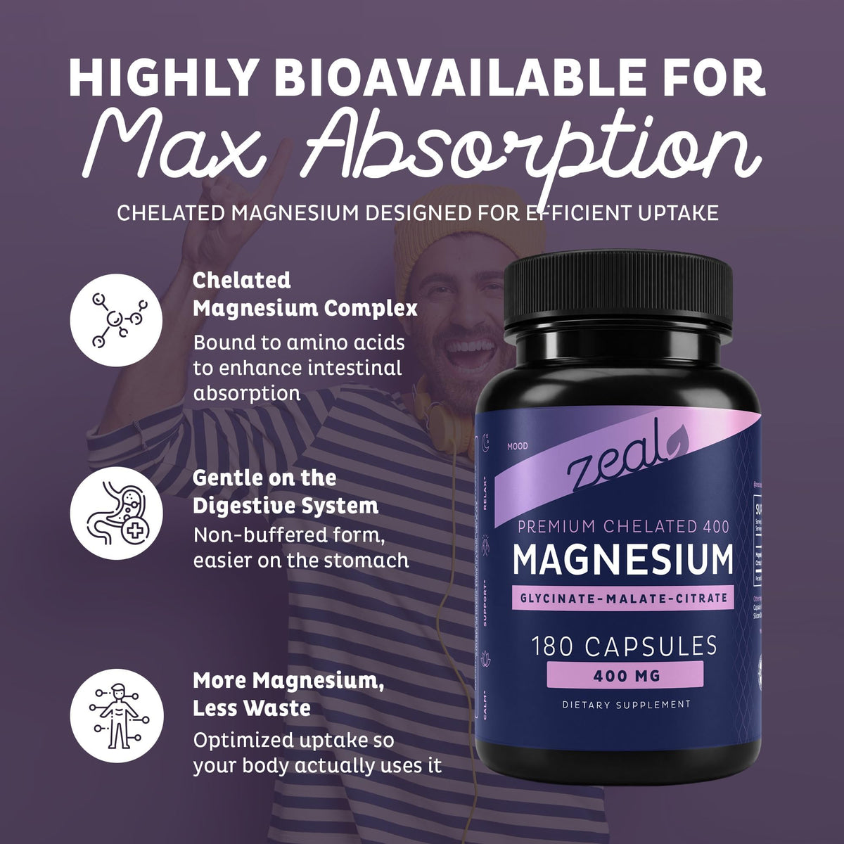 Zeal Naturals Complément Alimentaire Magnésium Complexe 400 mg - flacon ouvert avec capsules