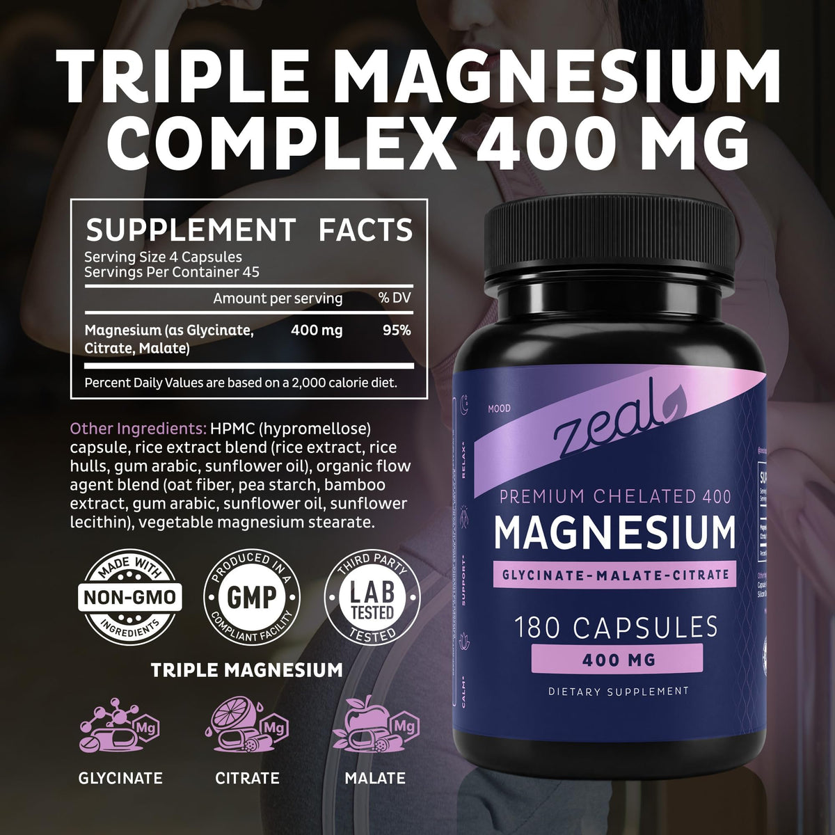 Zeal Naturals Complément Alimentaire Magnésium Complexe 400 mg - vue en gros plan des capsules