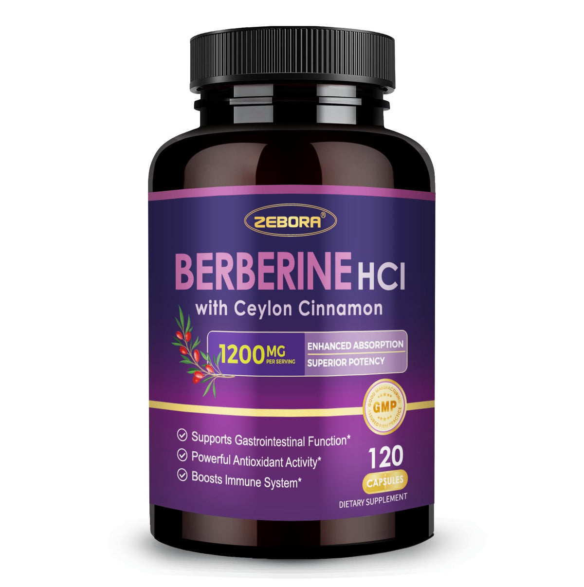 ZEBORA Complément Alimentaire Berbérine HCl 1200mg avec Cannelle de Ceylan - vue avant