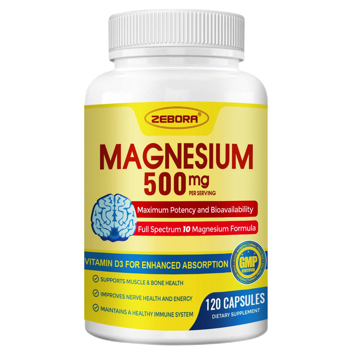 ZEBORA Complexe de Magnésium Glycinate 500mg bouteille vue avant