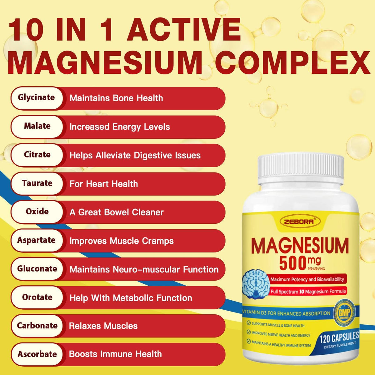 ZEBORA Complexe de Magnésium Glycinate 500mg capsules avec verre d'eau