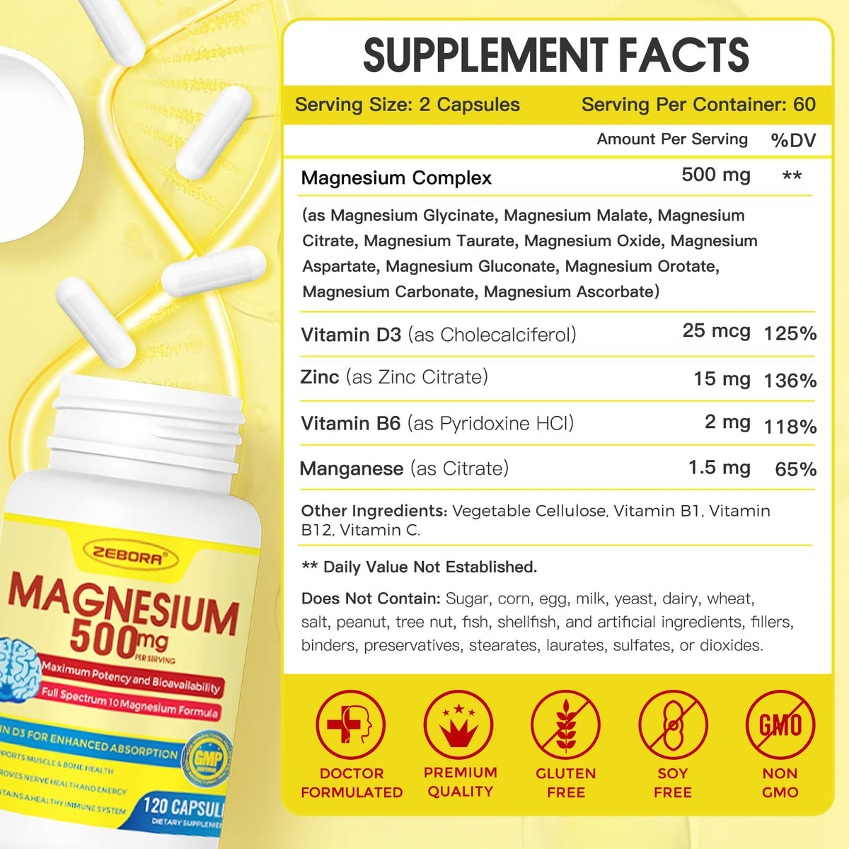 ZEBORA Complexe de Magnésium Glycinate 500mg capsules sur une table