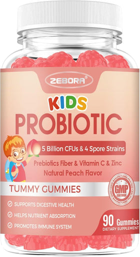 ZEBORA Gummies Probiotiques pour Enfants boîte avant avec goût pêche