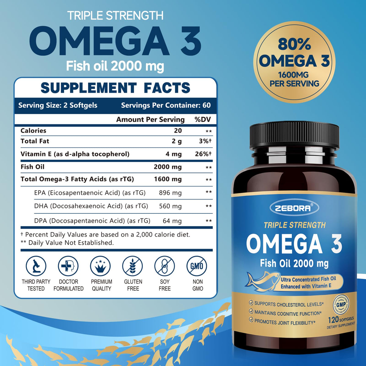 ZEBORA Huile de Poisson Omega-3 2000mg gélule ouverte