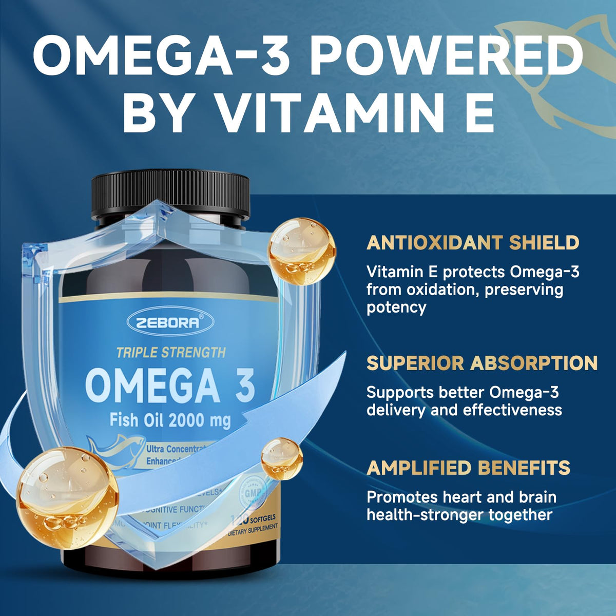 ZEBORA Huile de Poisson Omega-3 2000mg gélules avec un verre d'eau
