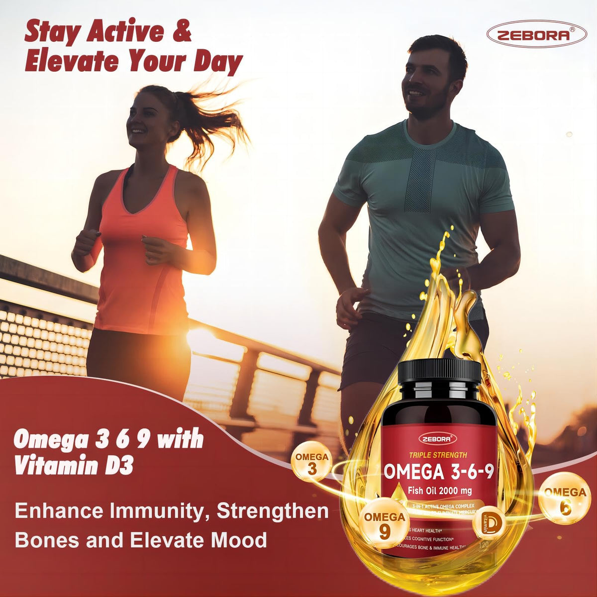 ZEBORA Huile de Poisson Omega 3-6-9 2000mg capsules dans une main