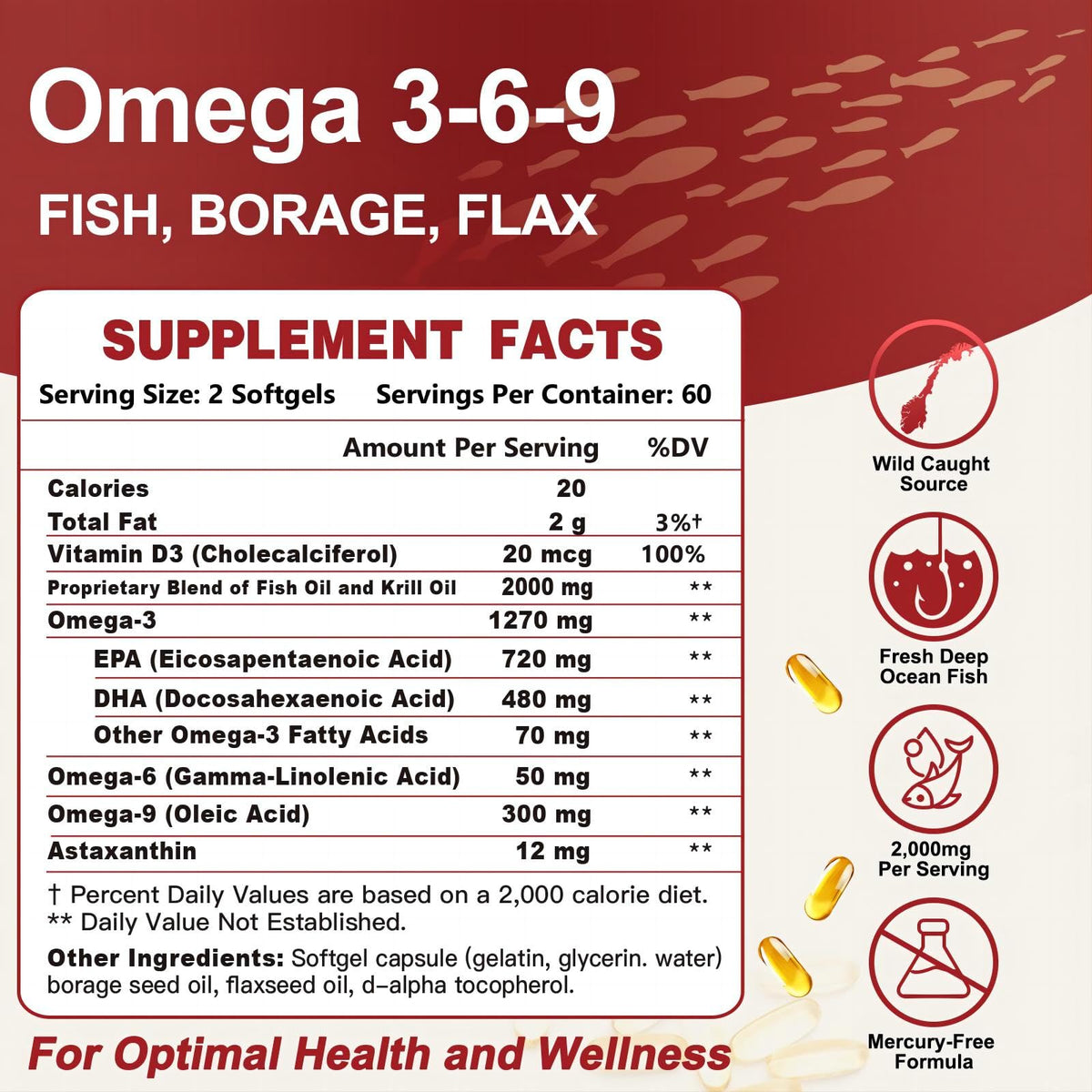 ZEBORA Huile de Poisson Omega 3-6-9 2000mg capsules sur fond blanc