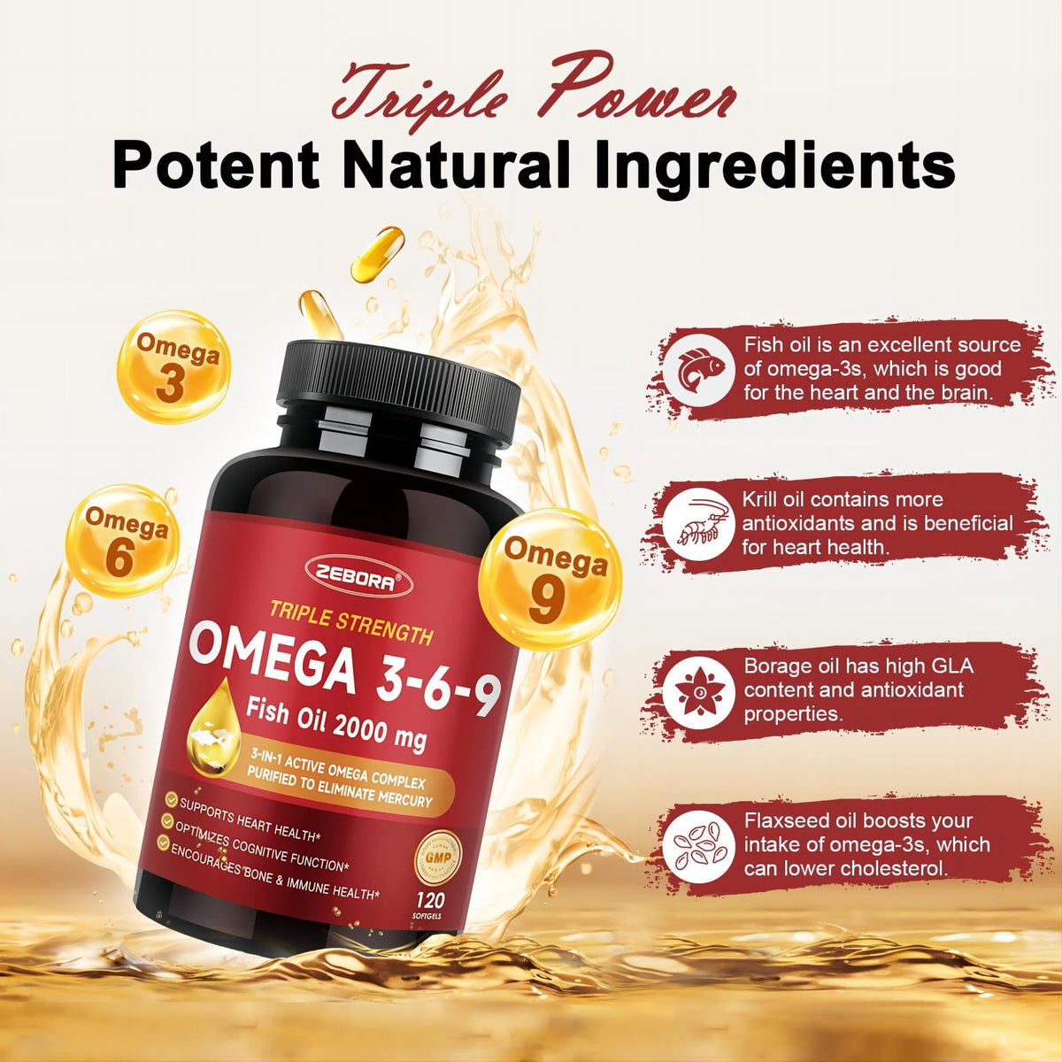 ZEBORA Huile de Poisson Omega 3-6-9 2000mg étiquette avec ingrédients