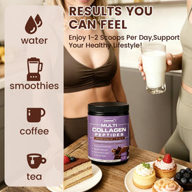 ZEBORA Poudre de Collagène Multi Chocolat 340g avec une tasse de chocolat chaud