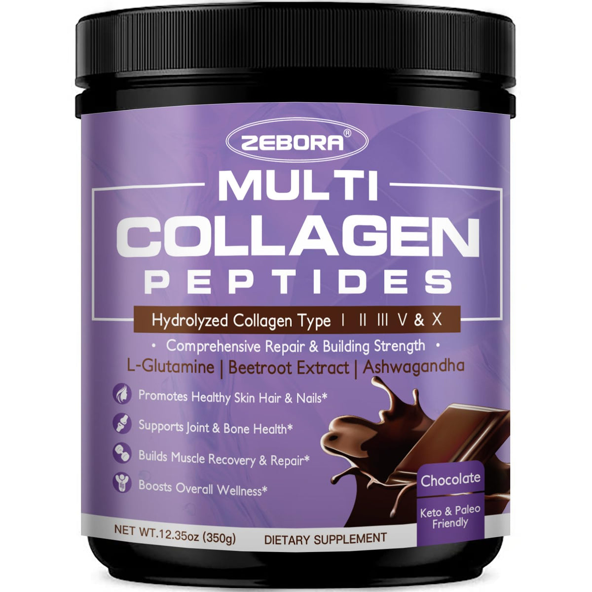 ZEBORA Poudre de Collagène Multi Chocolat 340g vue avant
