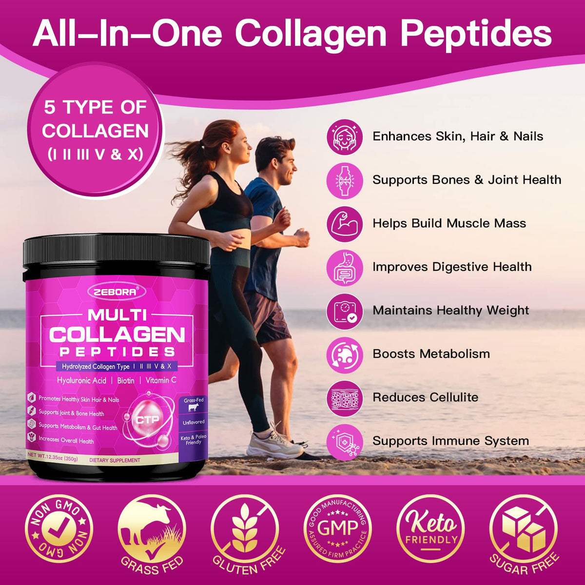 ZEBORA Poudre de Collagène Multi Peptides 408g vue de côté
