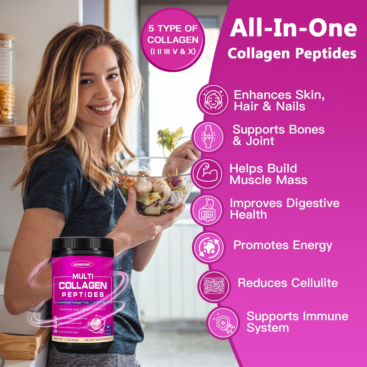 ZEBORA Poudre de Collagène Multi Peptides 508g sur une table avec des ingrédients