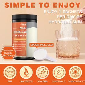 ZEBORA Poudre de Collagène Multi Peptides 640g avec ingrédients naturels en arrière-plan