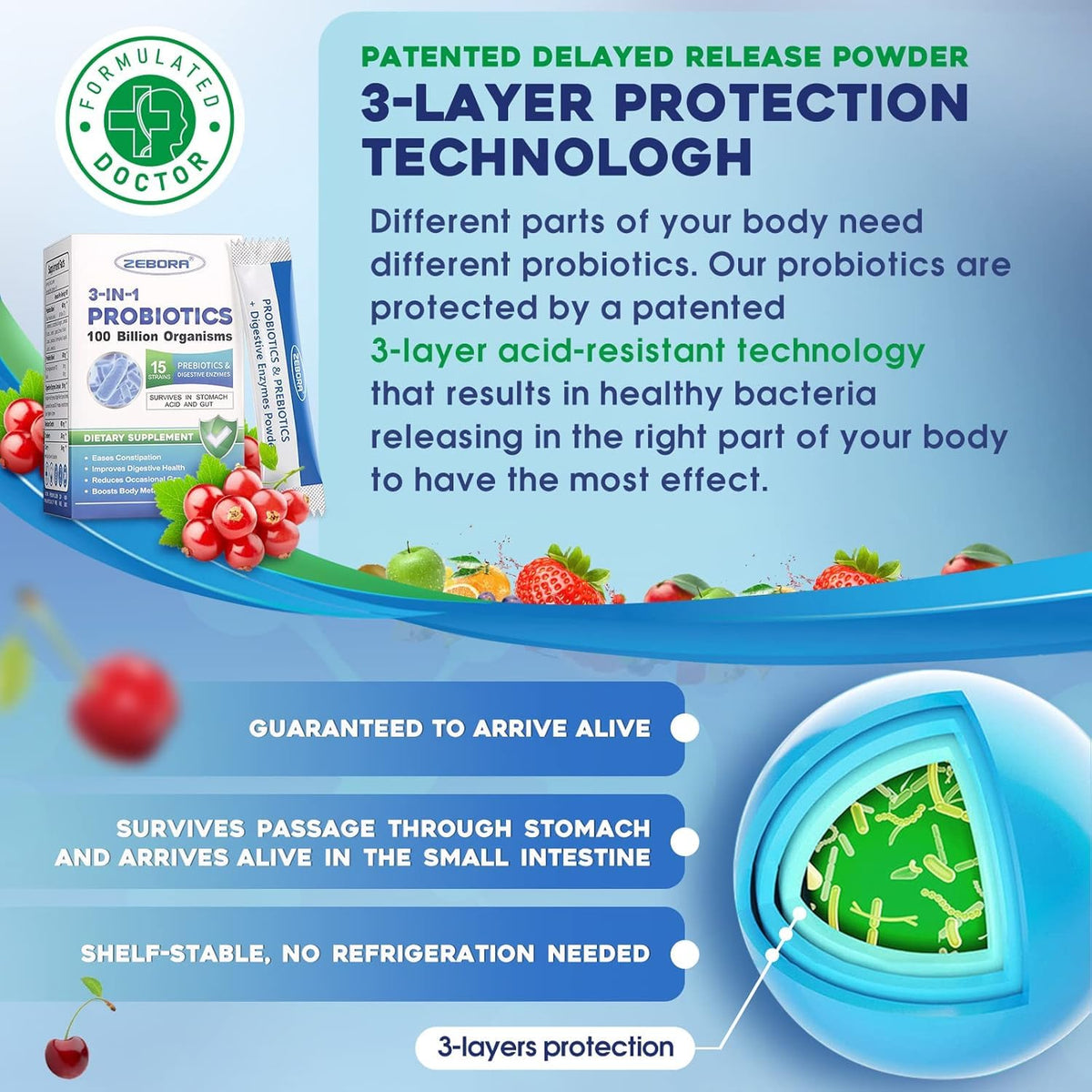 ZEBORA Poudre Probiotique 100 Milliards CFU sachets ouverts