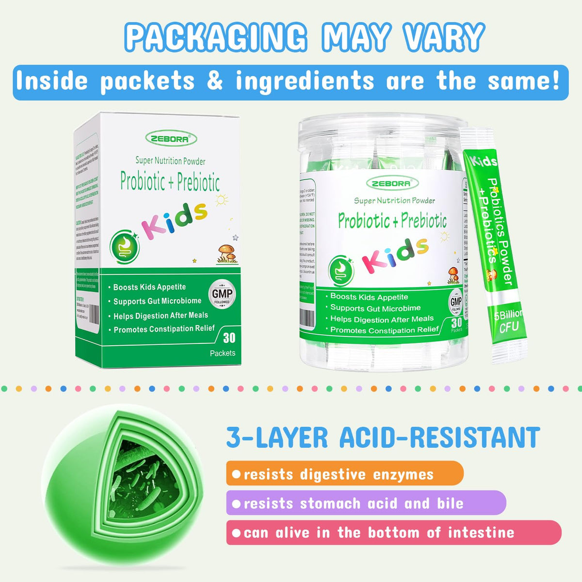 ZEBORA Poudre Probiotique Enfants étiquette avec informations nutritionnelles