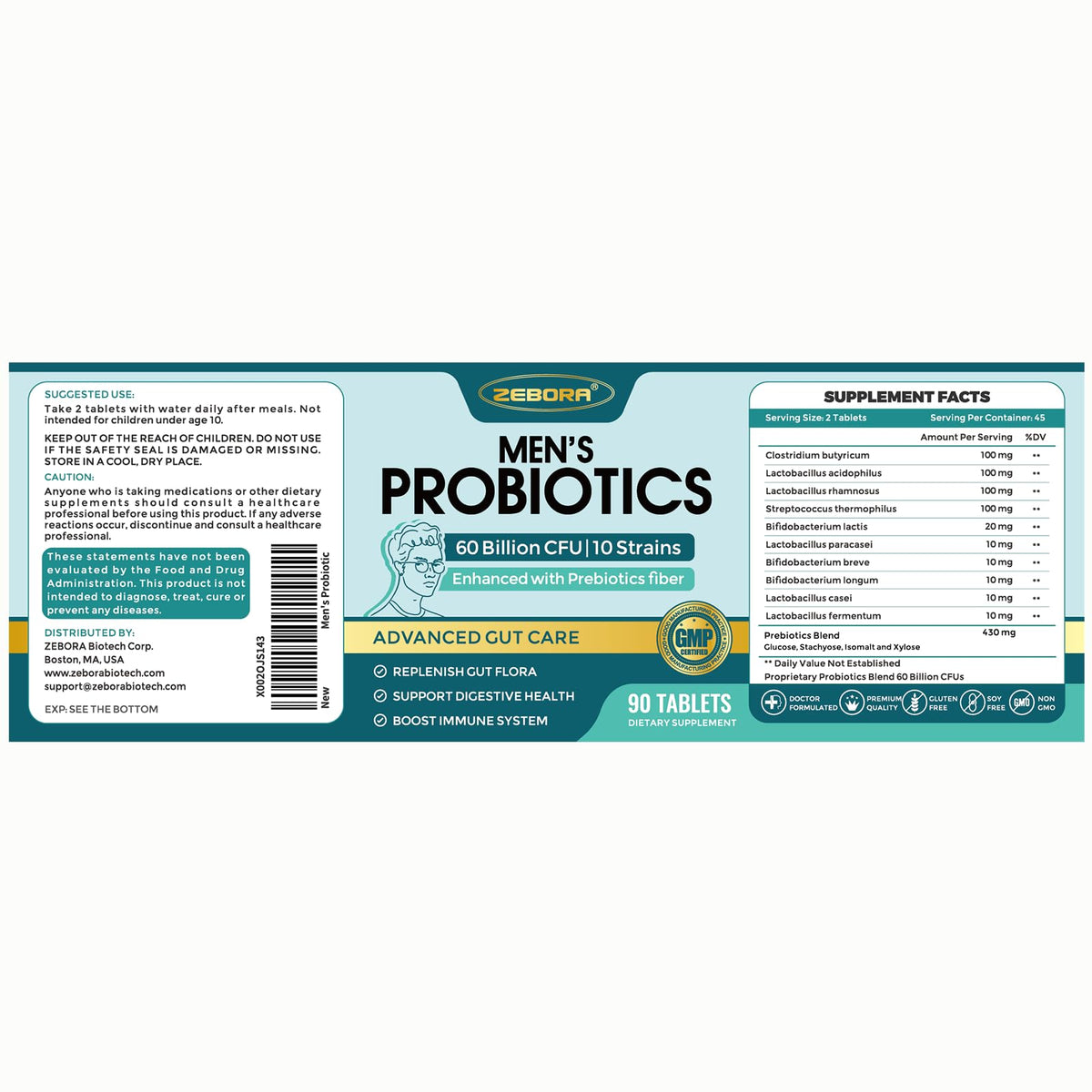 ZEBORA Probiotiques pour Hommes comprimés sur une table