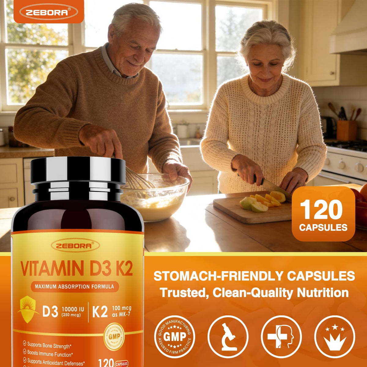 ZEBORA Vitamine D3 K2 10 000 UI 120 capsules avec étiquette visible