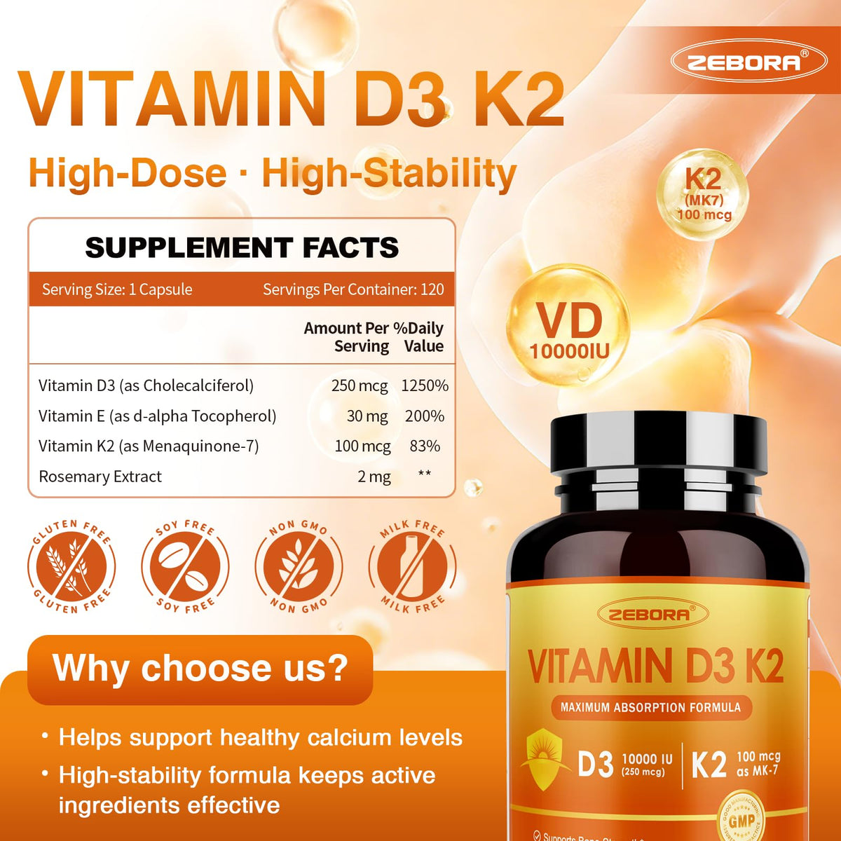 ZEBORA Vitamine D3 K2 10 000 UI 120 capsules vue arrière