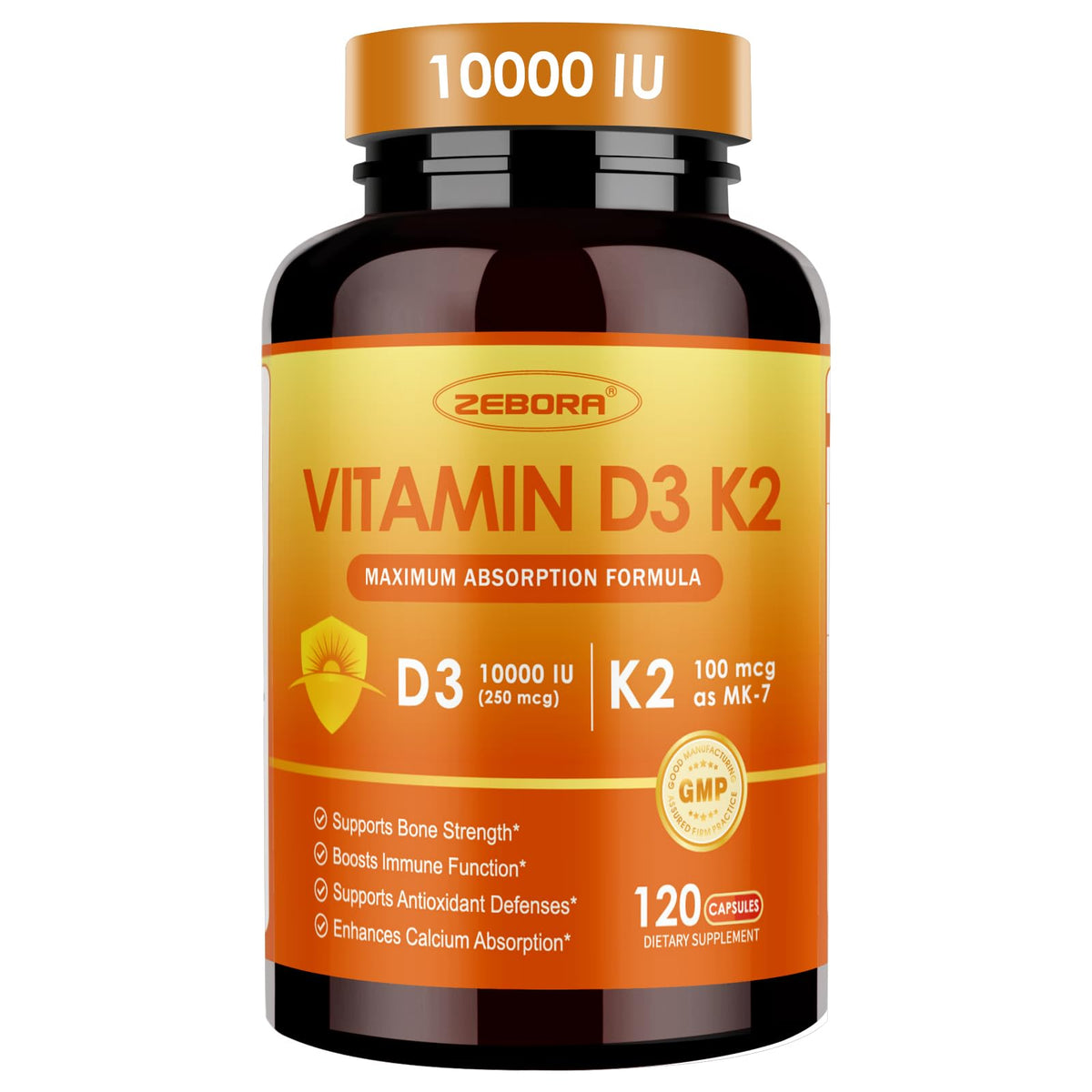 ZEBORA Vitamine D3 K2 10 000 UI 120 capsules vue avant